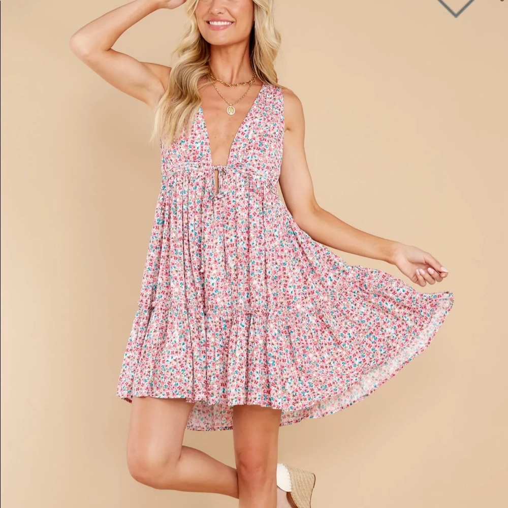 Double V Pink Floral Tie Front Dress NWT